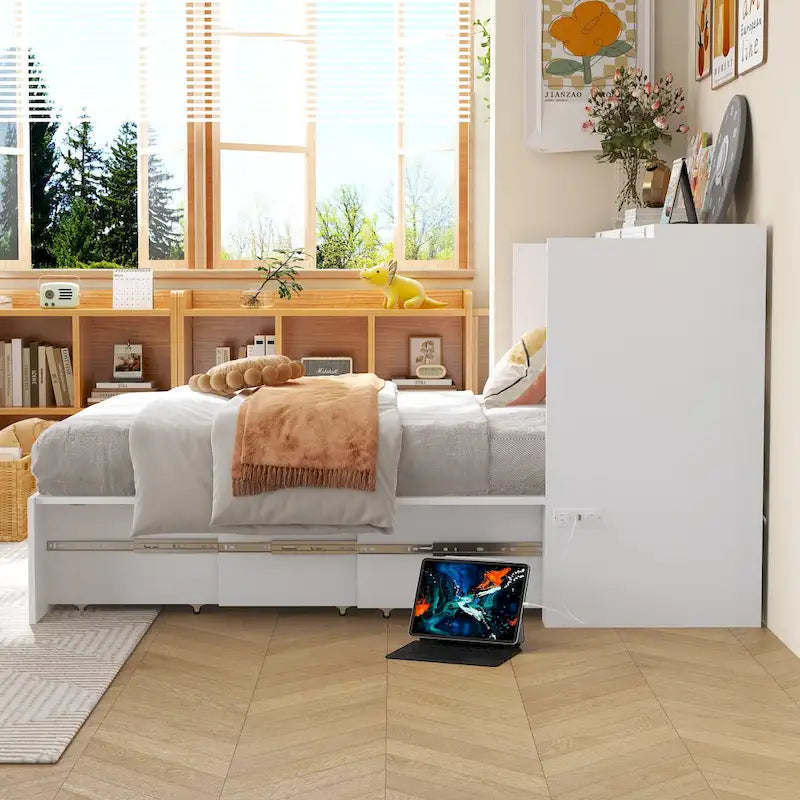 Cassettiera con letto a scomparsa bianco, ideale per sala feste, ufficio o per ottimizzare gli spazi.