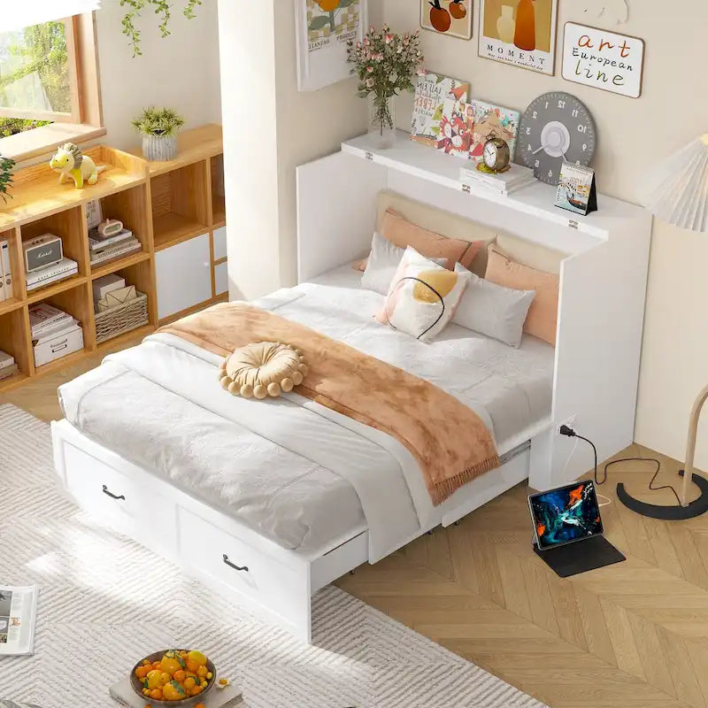 Cassettiera con letto a scomparsa bianco, ideale per sala feste, ufficio o per ottimizzare gli spazi.