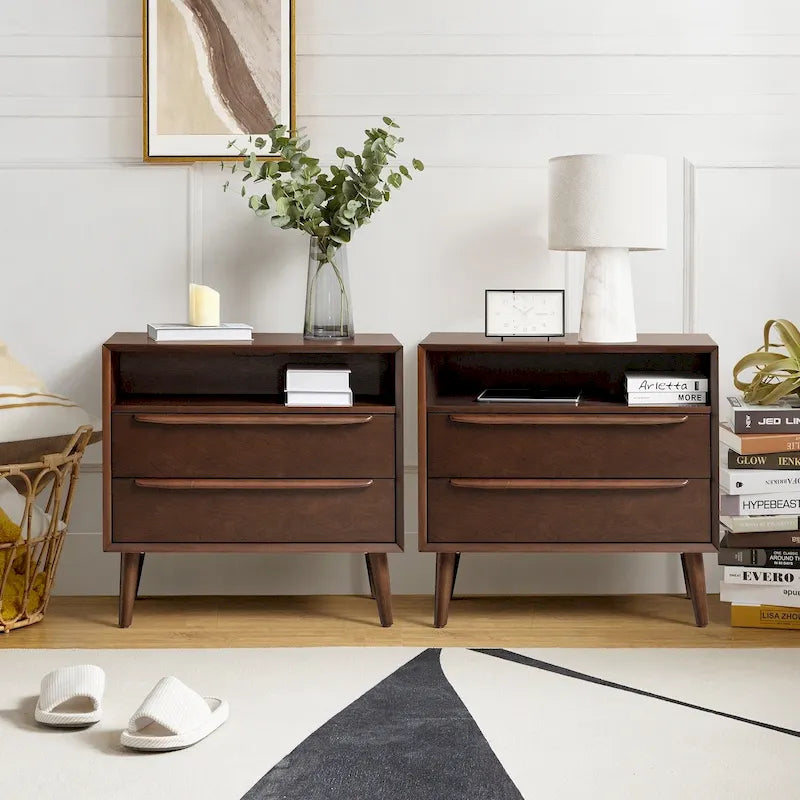 Kay Mid-century Modern 2 - Drawer Nightstand with Built-In Outlets and USB set of 2 by HULALA HOME