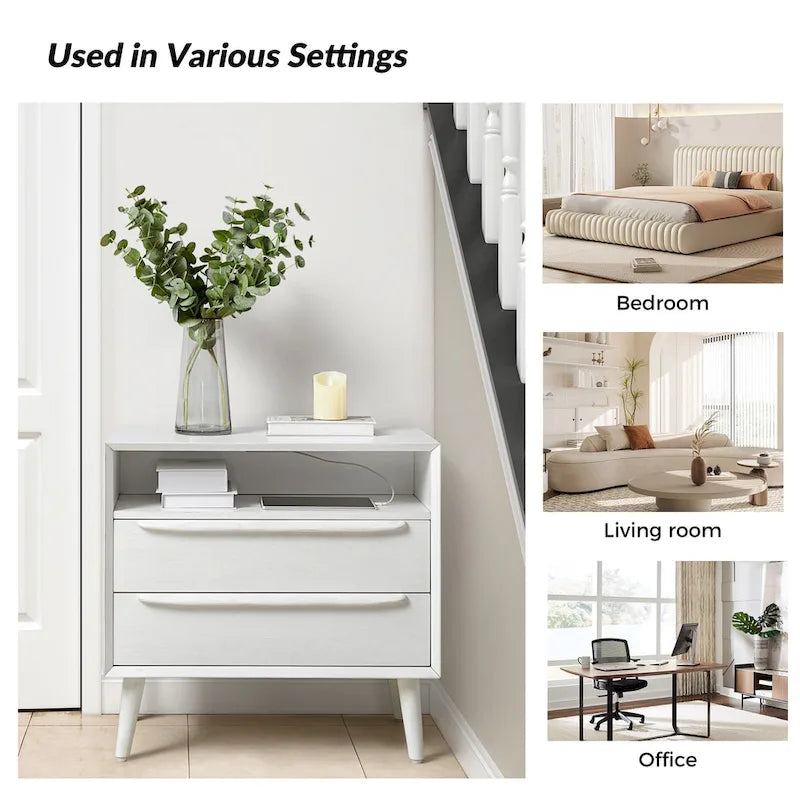 Kay Mid-century Modern 2 - Drawer Nightstand with Built-In Outlets and USB set of 2 by HULALA HOME