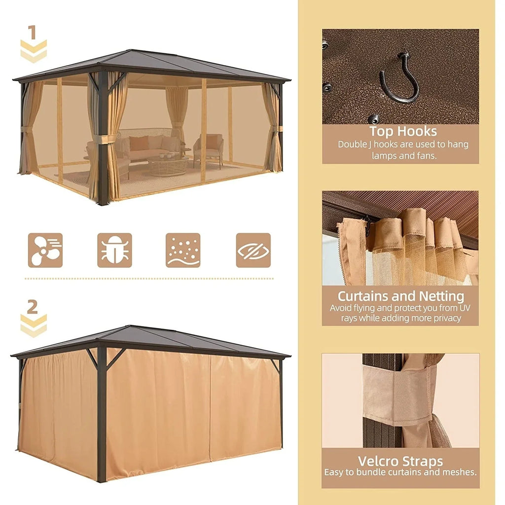 EROMMY Gazebo a tetto rigido, Pergola da esterno con doppio tetto, zanzariere e tende, Tenda da sole resistente per patio, cortile, feste in piscina