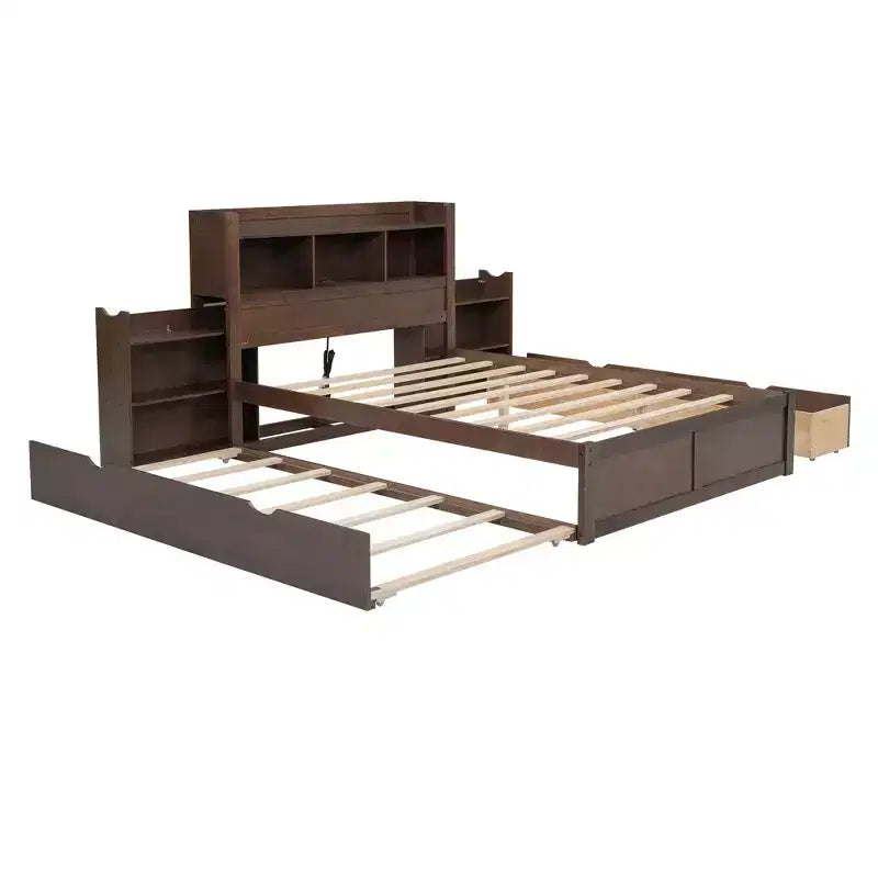 Letto matrimoniale con contenitore, rotelle estraibili, testiera libreria e stazione di ricarica, struttura letto in legno matrimoniale con mensole e cassetti