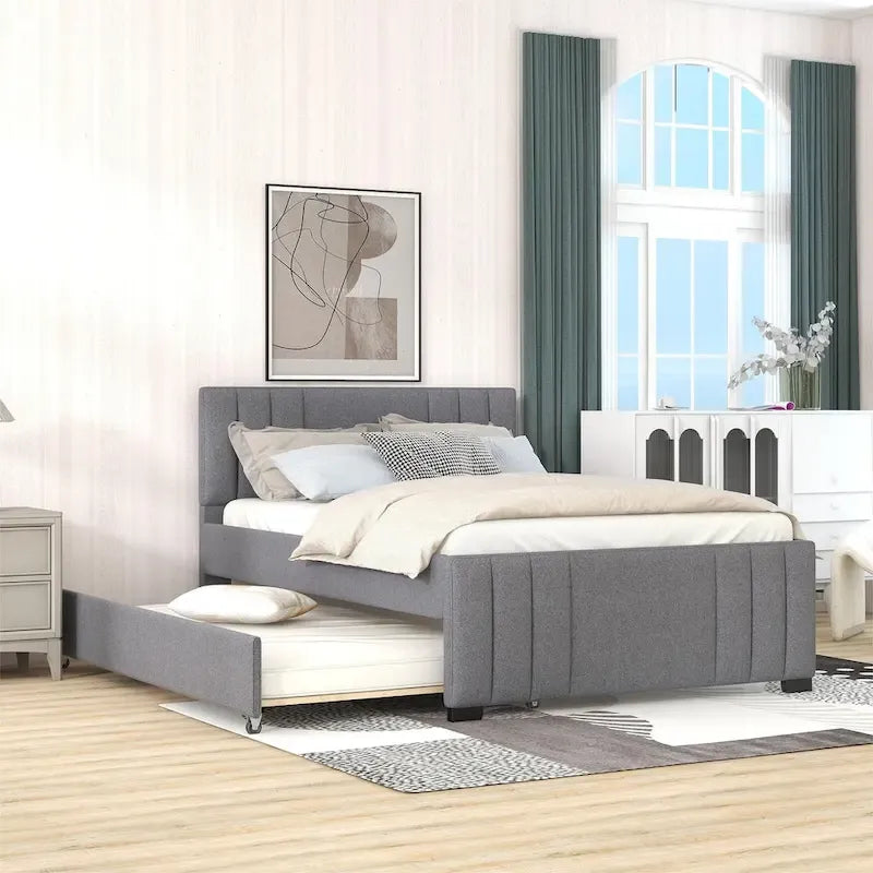 Letto a piattaforma completamente imbottito con letto estraibile, grigio