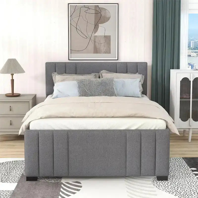 Letto a piattaforma completamente imbottito con letto estraibile, grigio