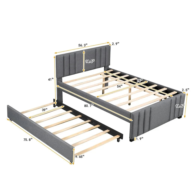Letto a piattaforma completamente imbottito con letto estraibile, grigio