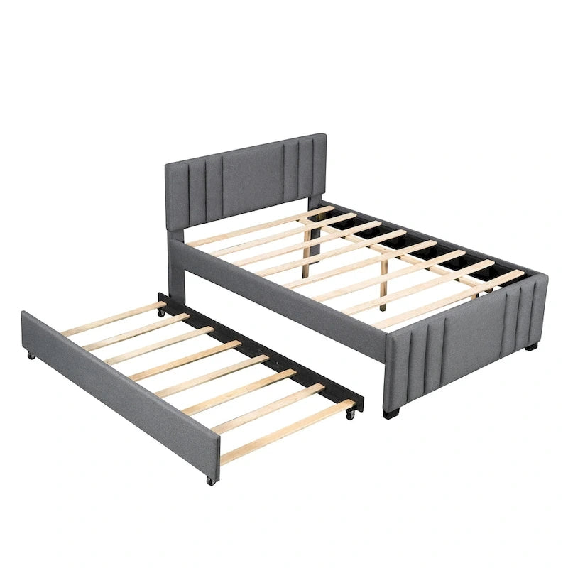 Letto a piattaforma completamente imbottito con letto estraibile, grigio