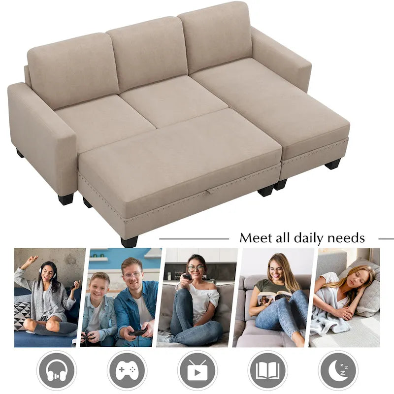 [New]81 Reversible Sectional Couch with Storage Chaise L-Shaped Sofa for Apartment Sectional Set ,Sectional Sofa with Ottoman,N