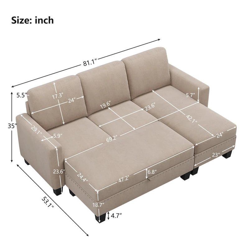 [New]81 Reversible Sectional Couch with Storage Chaise L-Shaped Sofa for Apartment Sectional Set ,Sectional Sofa with Ottoman,N