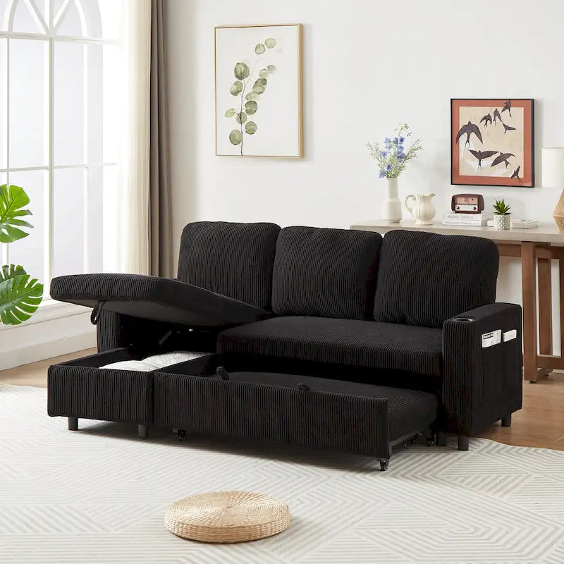 FX 78.8 Reversible Sleeper Combo Sofa with Pullout Bed, Comfortable Linen L-Shaped Combo Sofa Sofa Bed, Living Room Furniture S