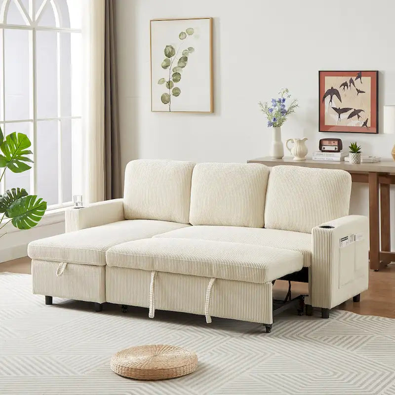 FX 78.8 Reversible Sleeper Combo Sofa with Pullout Bed, Comfortable Linen L-Shaped Combo Sofa Sofa Bed, Living Room Furniture S