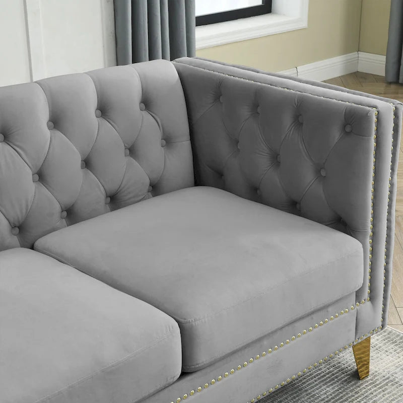 {Contattaci per la modellazione 3D} Divano in velluto per soggiorno, divano con braccioli quadrati trapuntati con bottoni, divano moderno con bottoni rivestiti e io