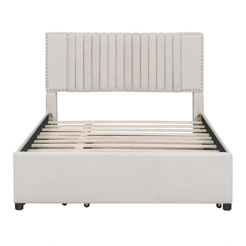 Full Size Upholstered Platform Bed with 2 Drawers and 1 Twin Size Trundle, Classic Headboard Design, Beige