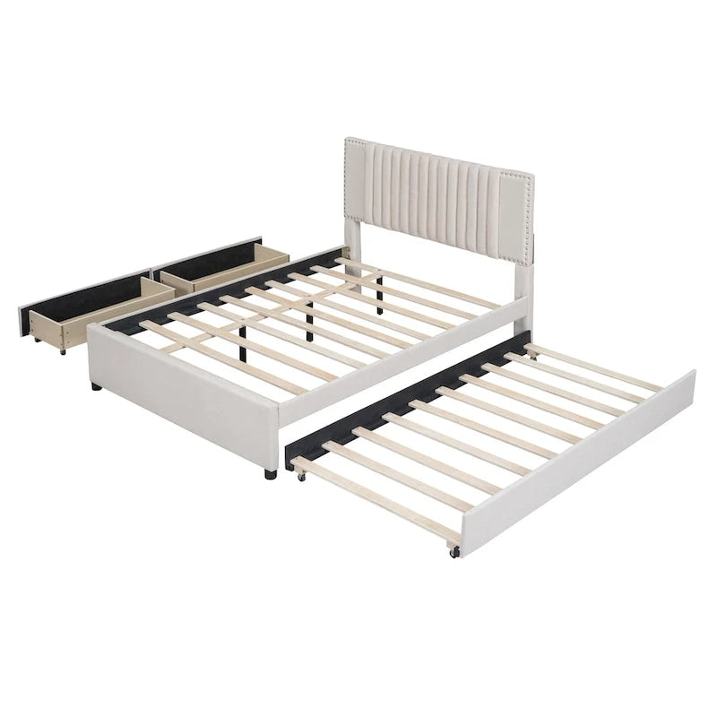 Full Size Upholstered Platform Bed with 2 Drawers and 1 Twin Size Trundle, Classic Headboard Design, Beige