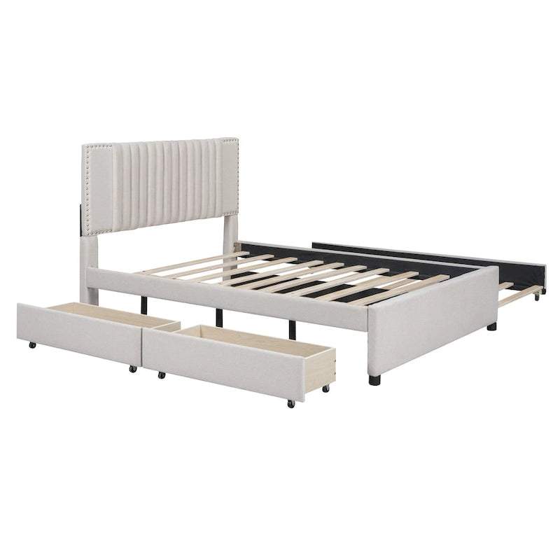 Full Size Upholstered Platform Bed with 2 Drawers and 1 Twin Size Trundle, Classic Headboard Design, Beige