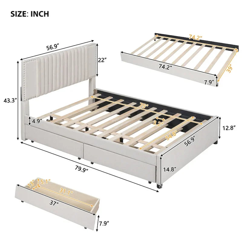 Full Size Upholstered Platform Bed with 2 Drawers and 1 Twin Size Trundle, Classic Headboard Design, Beige