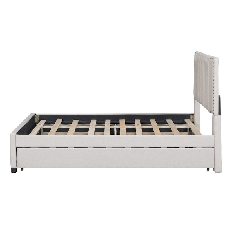 Full Size Upholstered Platform Bed with 2 Drawers and 1 Twin Size Trundle, Classic Headboard Design, Beige
