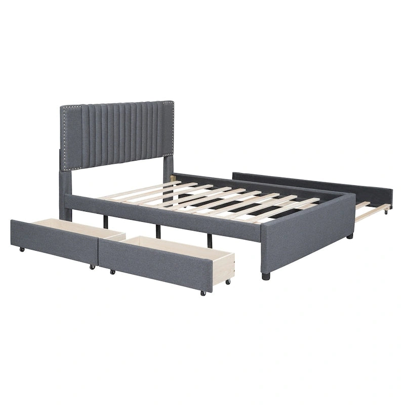 Full Size Upholstered Platform Bed with 2 Drawers and 1 Twin Size Trundle, Classic Headboard Design, Beige