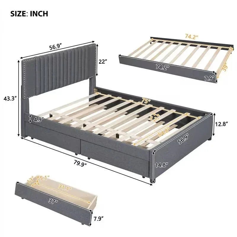 Full Size Upholstered Platform Bed with 2 Drawers and 1 Twin Size Trundle, Classic Headboard Design, Beige
