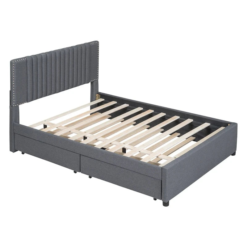 Full Size Upholstered Platform Bed with 2 Drawers and 1 Twin Size Trundle, Classic Headboard Design, Beige
