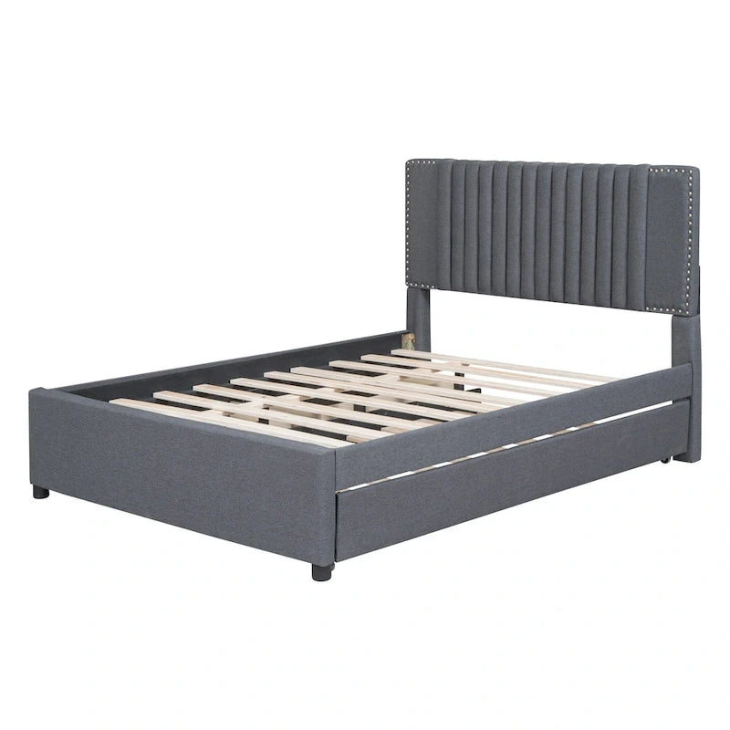 Full Size Upholstered Platform Bed with 2 Drawers and 1 Twin Size Trundle, Classic Headboard Design, Beige