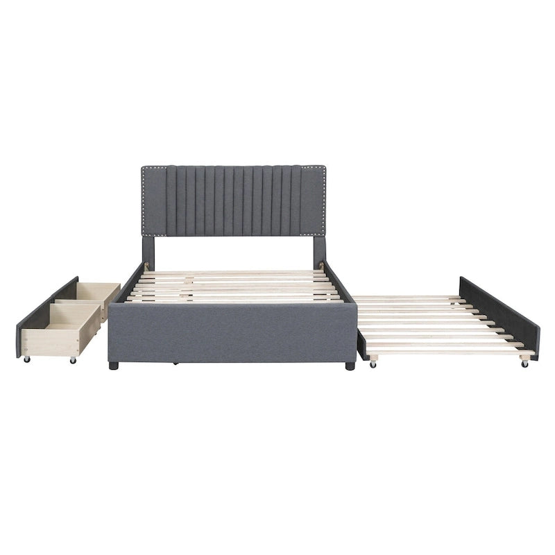 Full Size Upholstered Platform Bed with 2 Drawers and 1 Twin Size Trundle, Classic Headboard Design, Beige