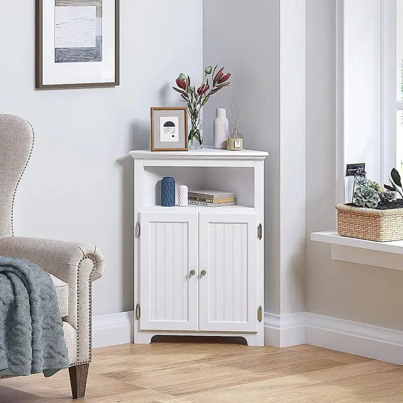 UTEX Corner Free Storage Cabinet, Bathroom Floor Corner Cabinet with Doors and Shelves for Bathroom, Kitchen, Living Room, White