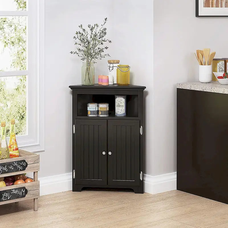 UTEX Corner Free Storage Cabinet, Bathroom Floor Corner Cabinet with Doors and Shelves for Bathroom, Kitchen, Living Room, White