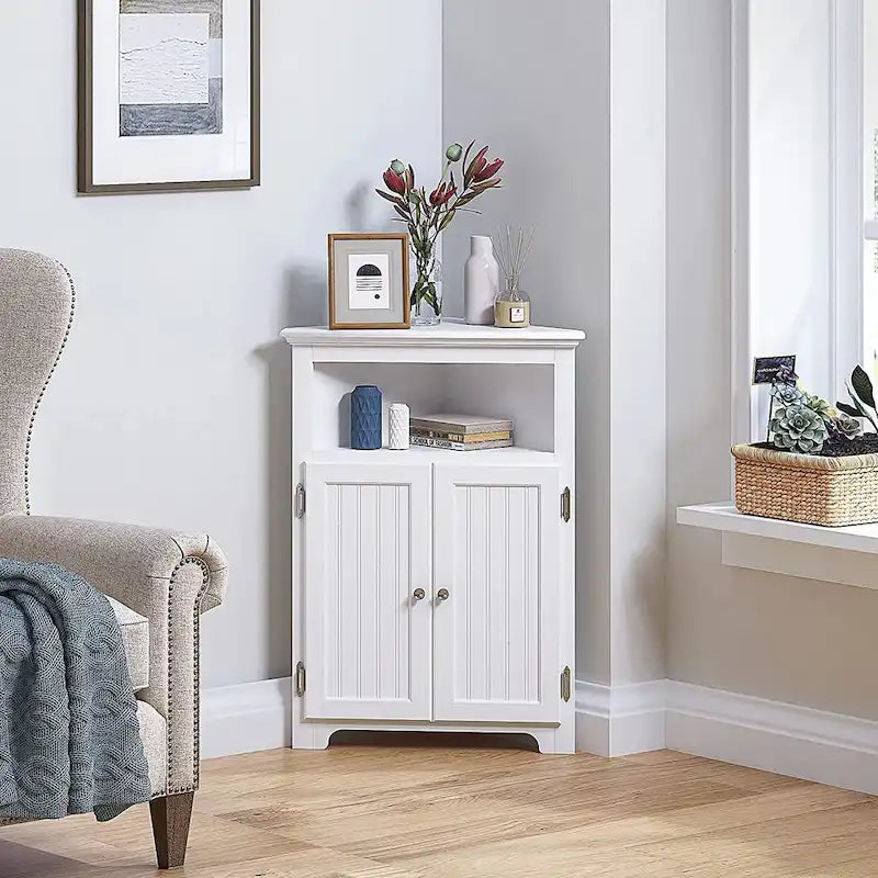 UTEX Corner Free Storage Cabinet, Bathroom Floor Corner Cabinet with Doors and Shelves for Bathroom, Kitchen, Living Room, White