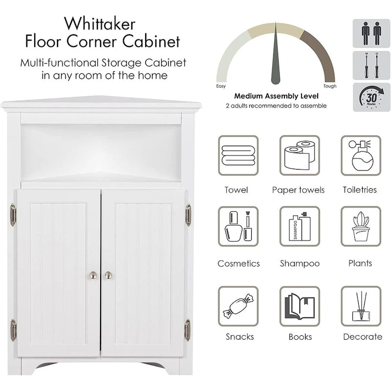 UTEX Corner Free Storage Cabinet, Bathroom Floor Corner Cabinet with Doors and Shelves for Bathroom, Kitchen, Living Room, White