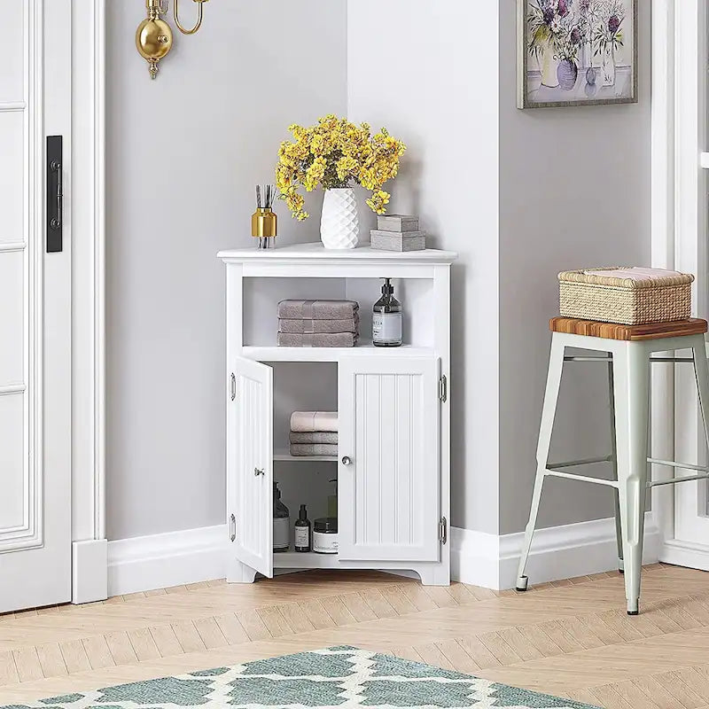 UTEX Corner Free Storage Cabinet, Bathroom Floor Corner Cabinet with Doors and Shelves for Bathroom, Kitchen, Living Room, White