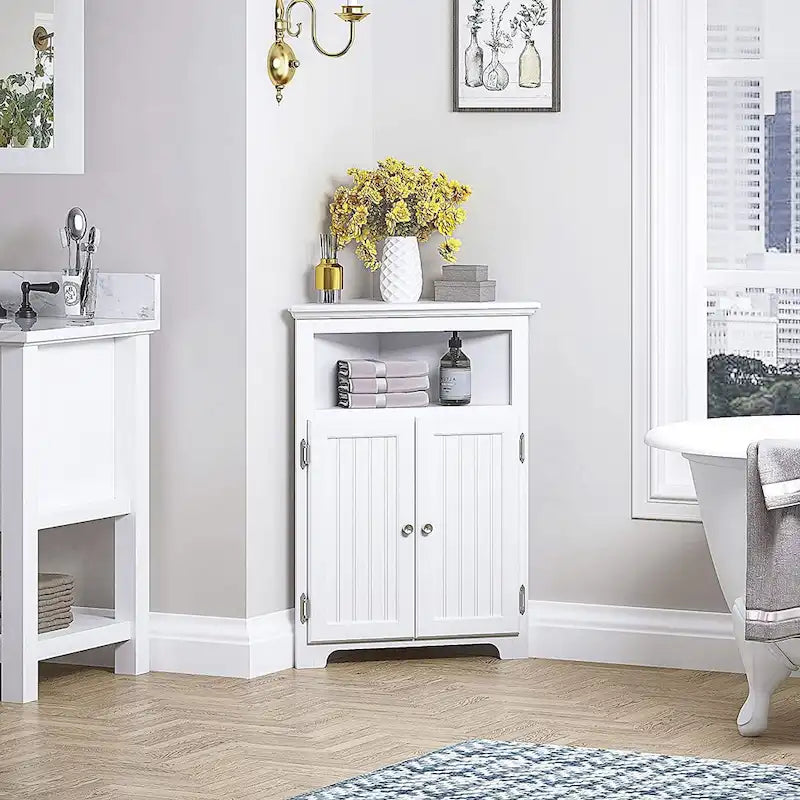 UTEX Corner Free Storage Cabinet, Bathroom Floor Corner Cabinet with Doors and Shelves for Bathroom, Kitchen, Living Room, White