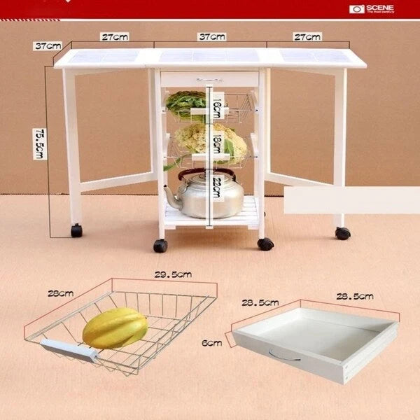Carrello da cucina pieghevole in legno con 2 cestelli e 1 cassetto