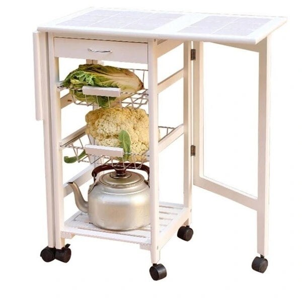 Carrello da cucina pieghevole in legno con 2 cestelli e 1 cassetto