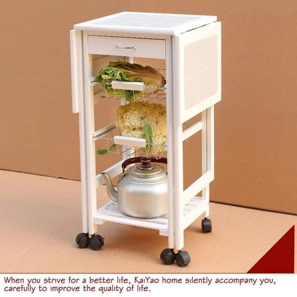 Carrello da cucina pieghevole in legno con 2 cestelli e 1 cassetto