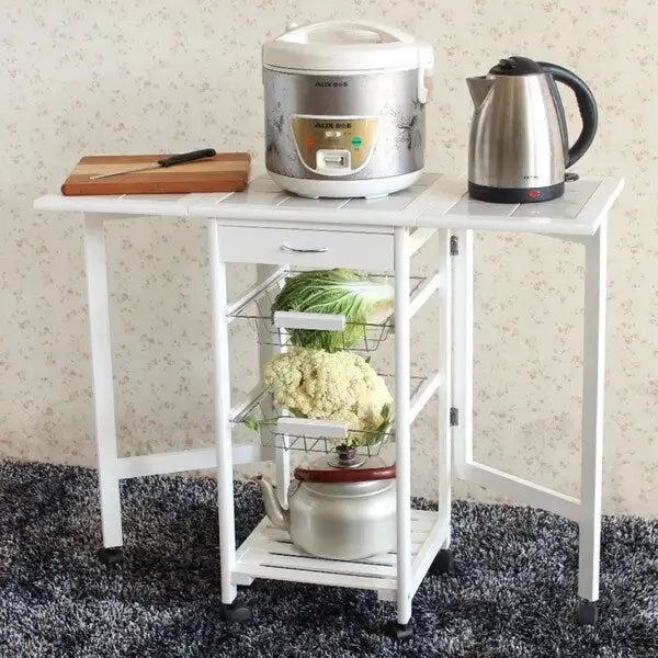 Carrello da cucina pieghevole in legno con 2 cestelli e 1 cassetto