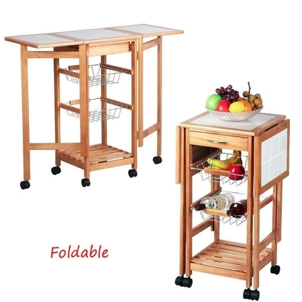 Carrello da cucina pieghevole in legno con 2 cestelli e 1 cassetto
