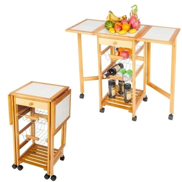 Carrello da cucina pieghevole in legno con 2 cestelli e 1 cassetto