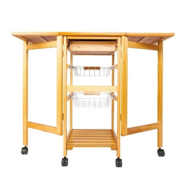 Carrello da cucina pieghevole in legno con 2 cestelli e 1 cassetto