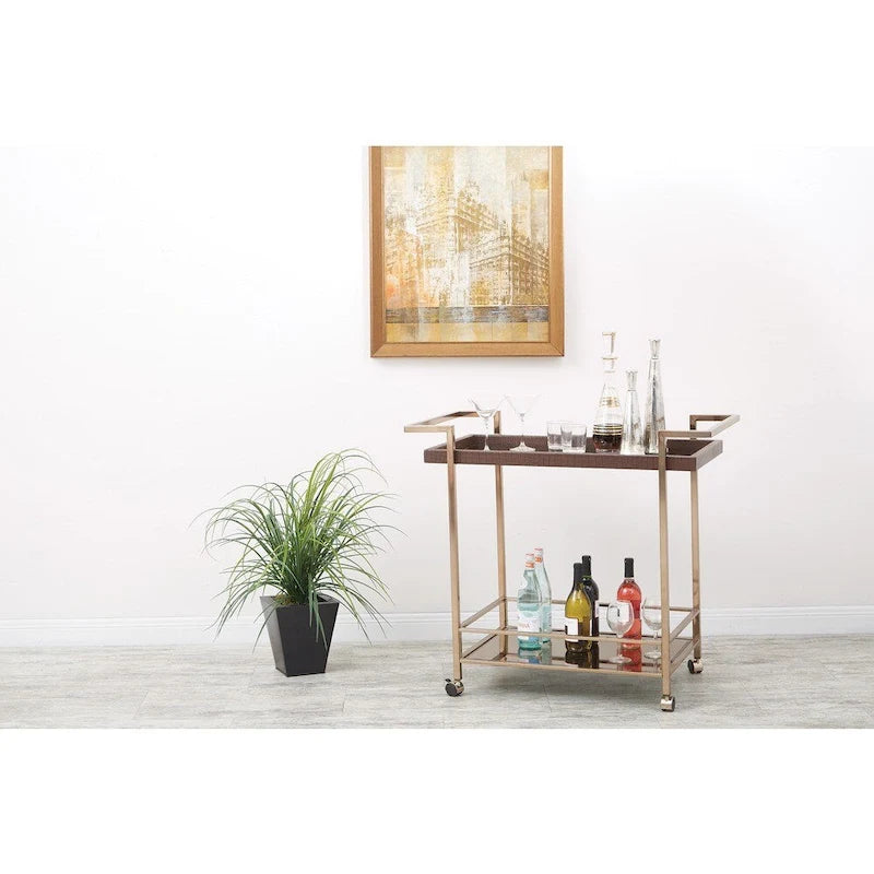 Isabella Champagne Metal Wine Cart With Glass Top