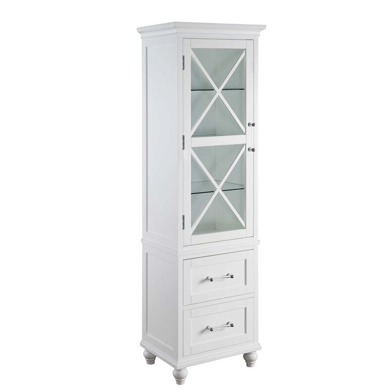 Grayson White Linen Tower with Two Drawers and Chrome Hardware