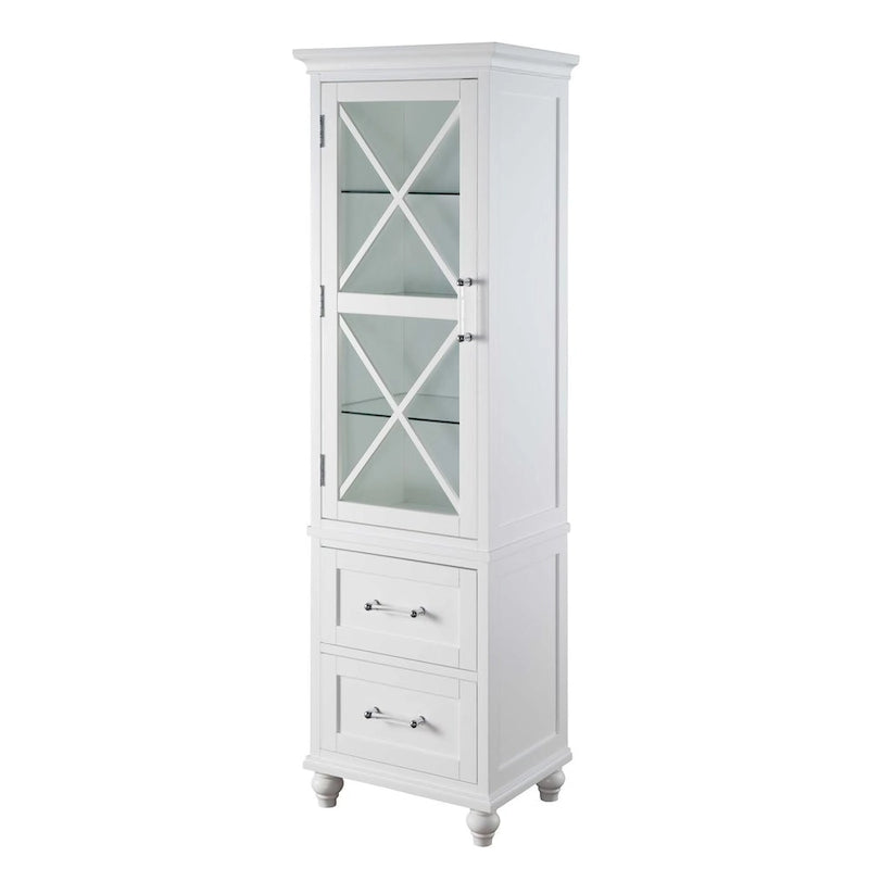Grayson White Linen Tower with Two Drawers and Chrome Hardware