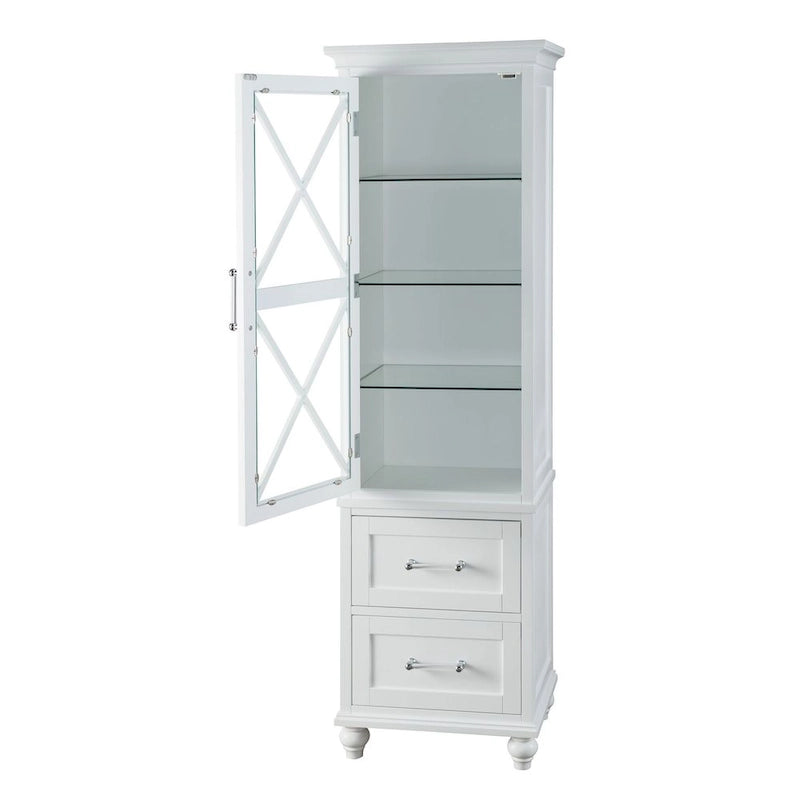 Grayson White Linen Tower with Two Drawers and Chrome Hardware