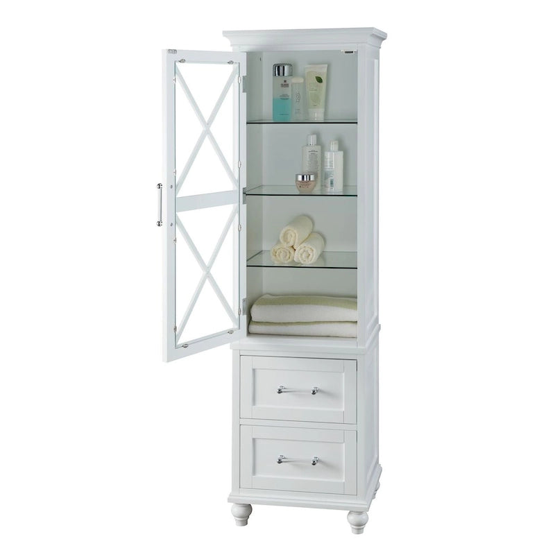 Grayson White Linen Tower with Two Drawers and Chrome Hardware
