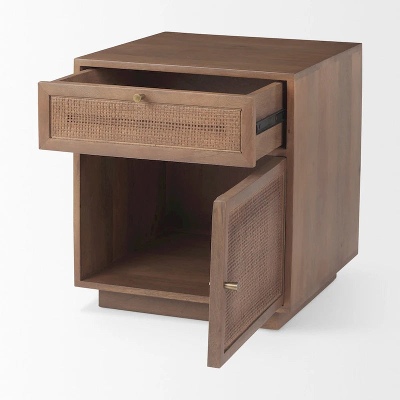 Tavolino d'appoggio Grier in legno marrone chiaro con inserti in canna intrecciata