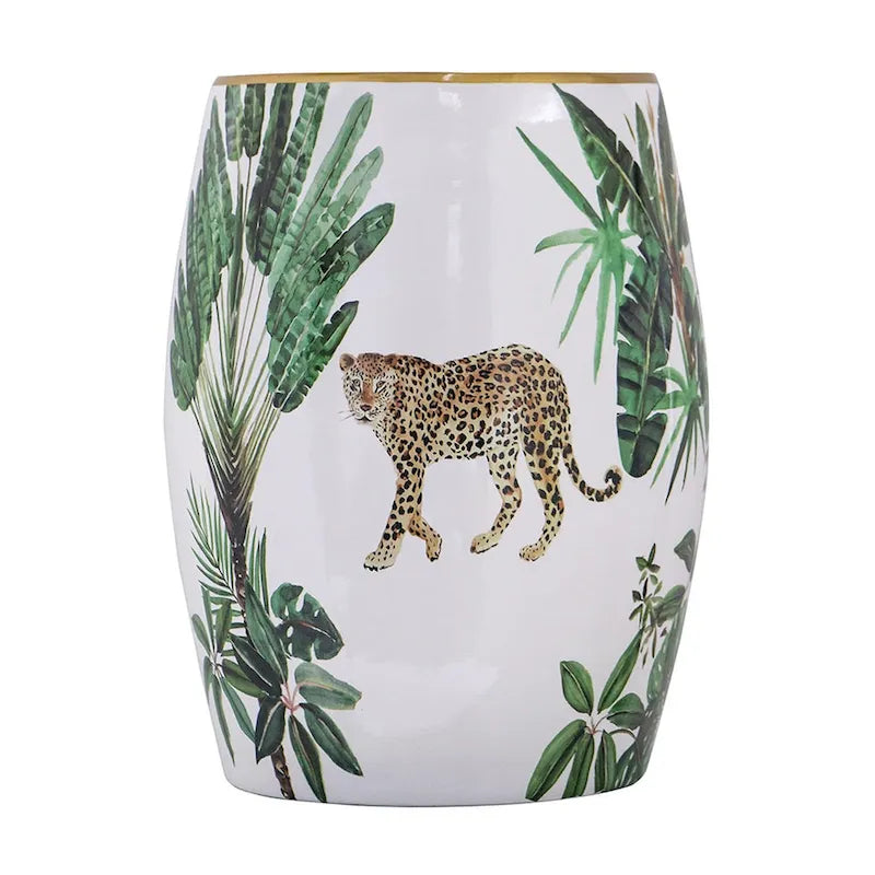 Tavolino d'appoggio in ceramica, 45 cm, a forma di tamburo, stampa tropicale, bianco, verde