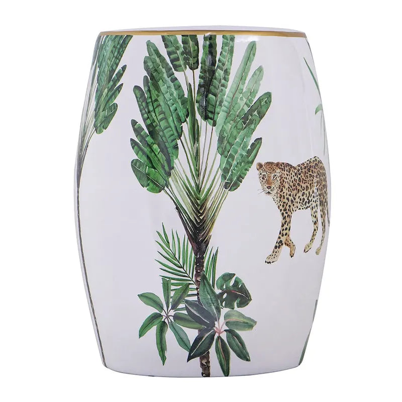 Tavolino d'appoggio in ceramica, 45 cm, a forma di tamburo, stampa tropicale, bianco, verde