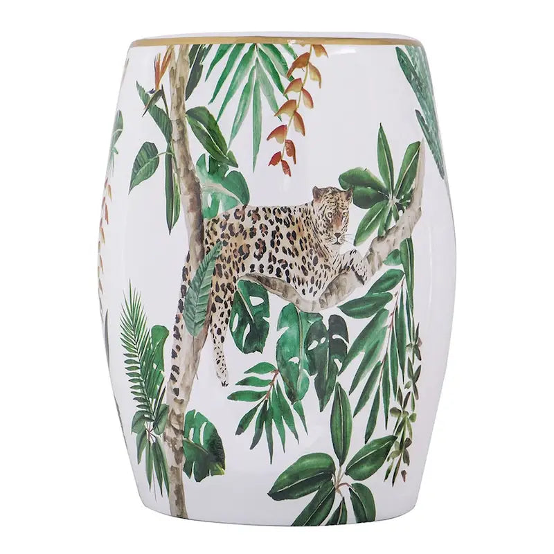 Tavolino d'appoggio in ceramica, 45 cm, a forma di tamburo, stampa tropicale, bianco, verde
