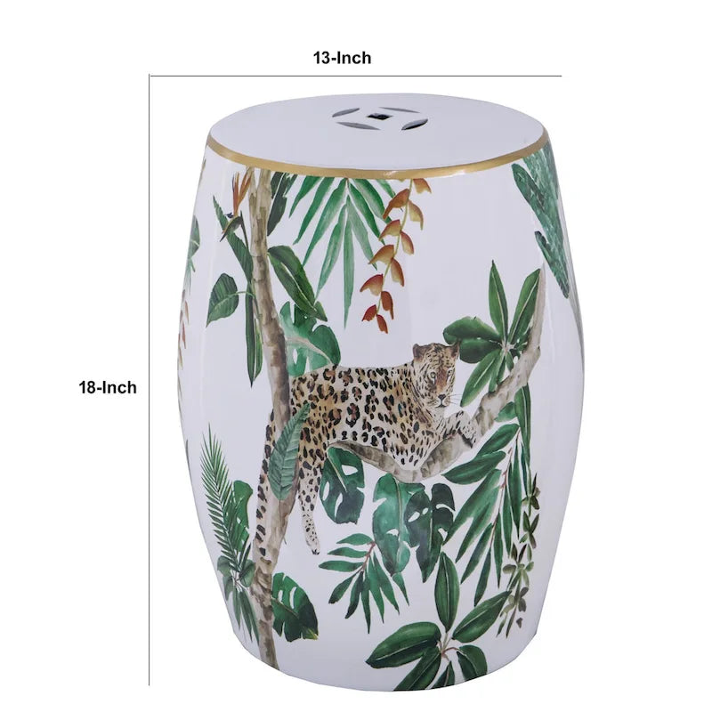 Tavolino d'appoggio in ceramica, 45 cm, a forma di tamburo, stampa tropicale, bianco, verde
