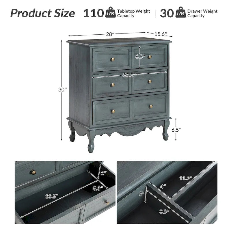 Comodino a 3 cassetti Pallantium Farmhouse 30Tall Distressed con gambe in legno massello e piedini regolabili di HULALA HOME
