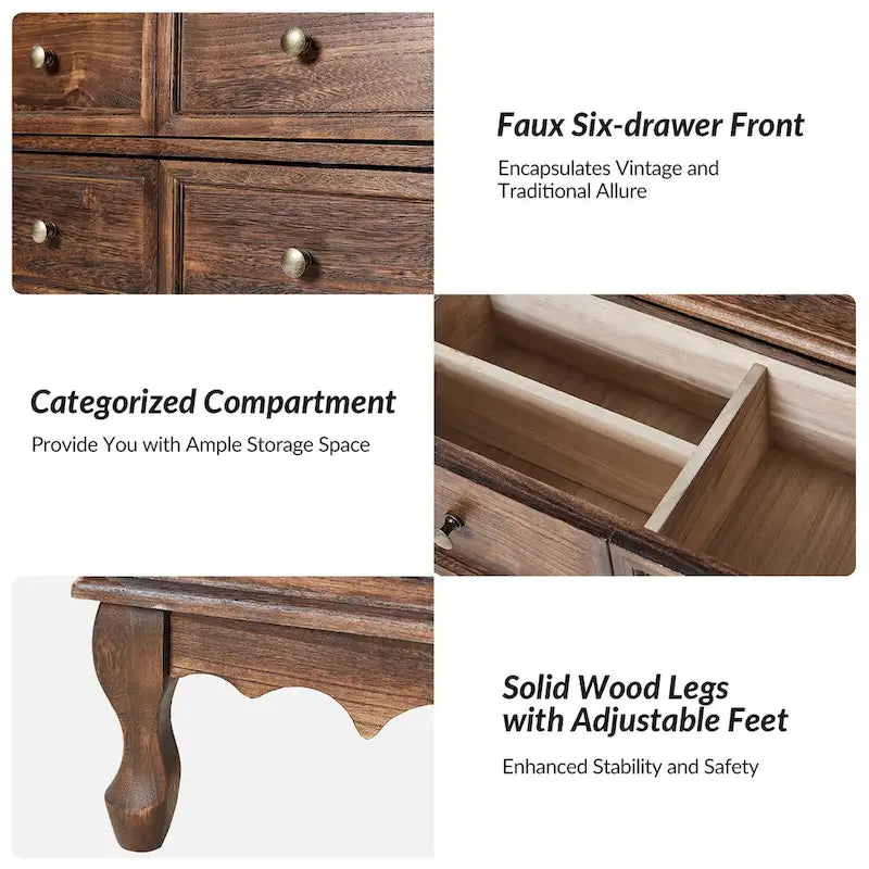 Comodino a 3 cassetti Pallantium Farmhouse 30Tall Distressed con gambe in legno massello e piedini regolabili di HULALA HOME